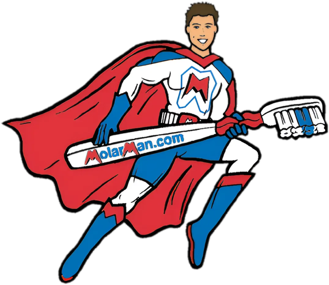 Molar man super hero holding tooth brush flying