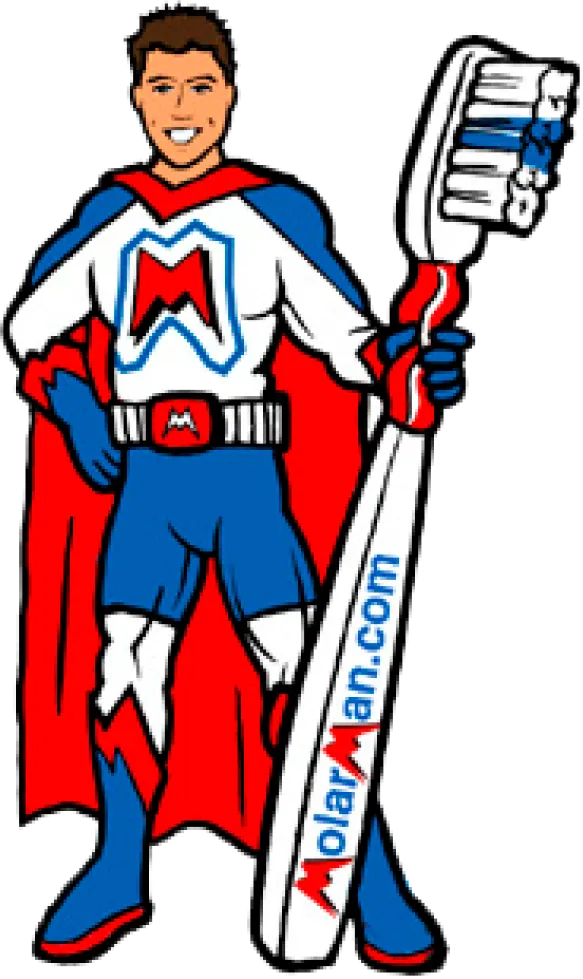 Molar man super hero holding tooth brush standing