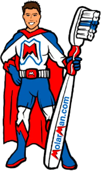 Molar man super hero holding tooth brush standing